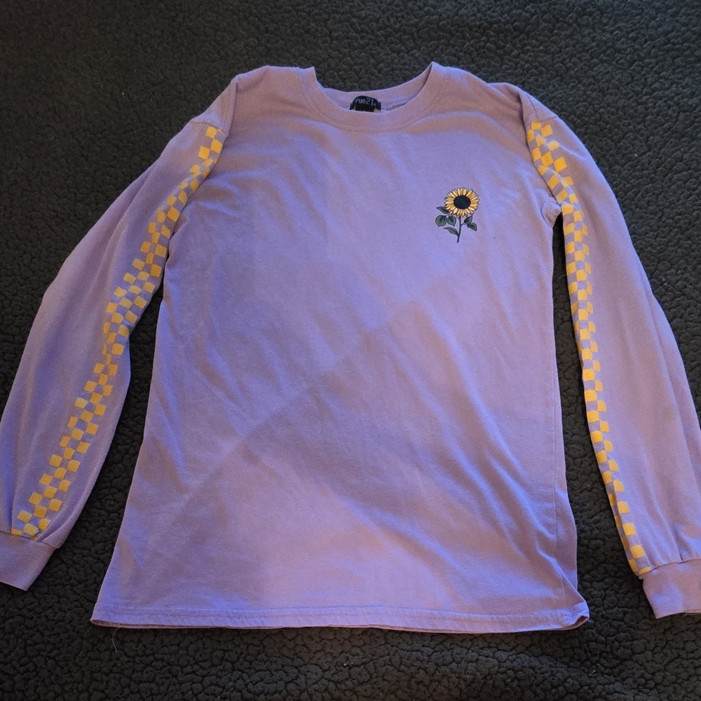 Rue21 Purple Long Sleeve with Sunflower and Yellow Checkered Sleeves